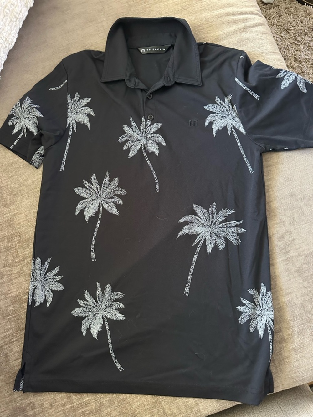 Travis Mathew Black Polo with Light Gray Palm Print